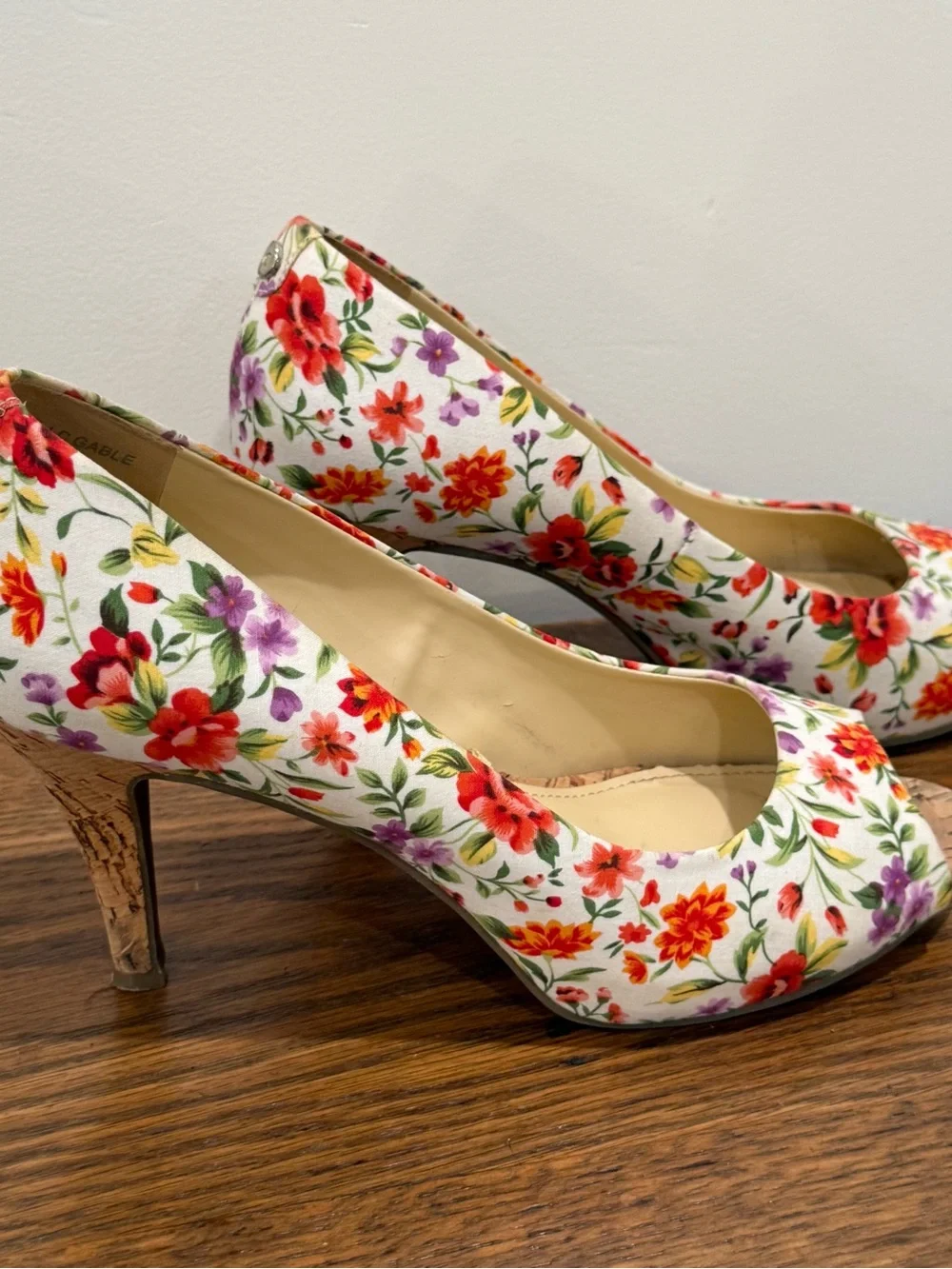 Floral Peep-Toe Cork Heel Pumps - White Floral